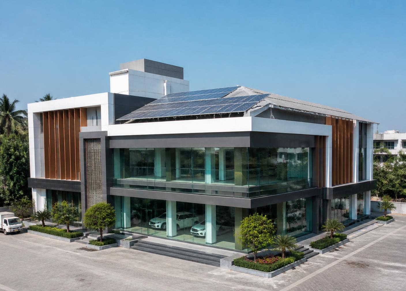 Commercial building with rooftop solar panels in Vadodara Gujarat