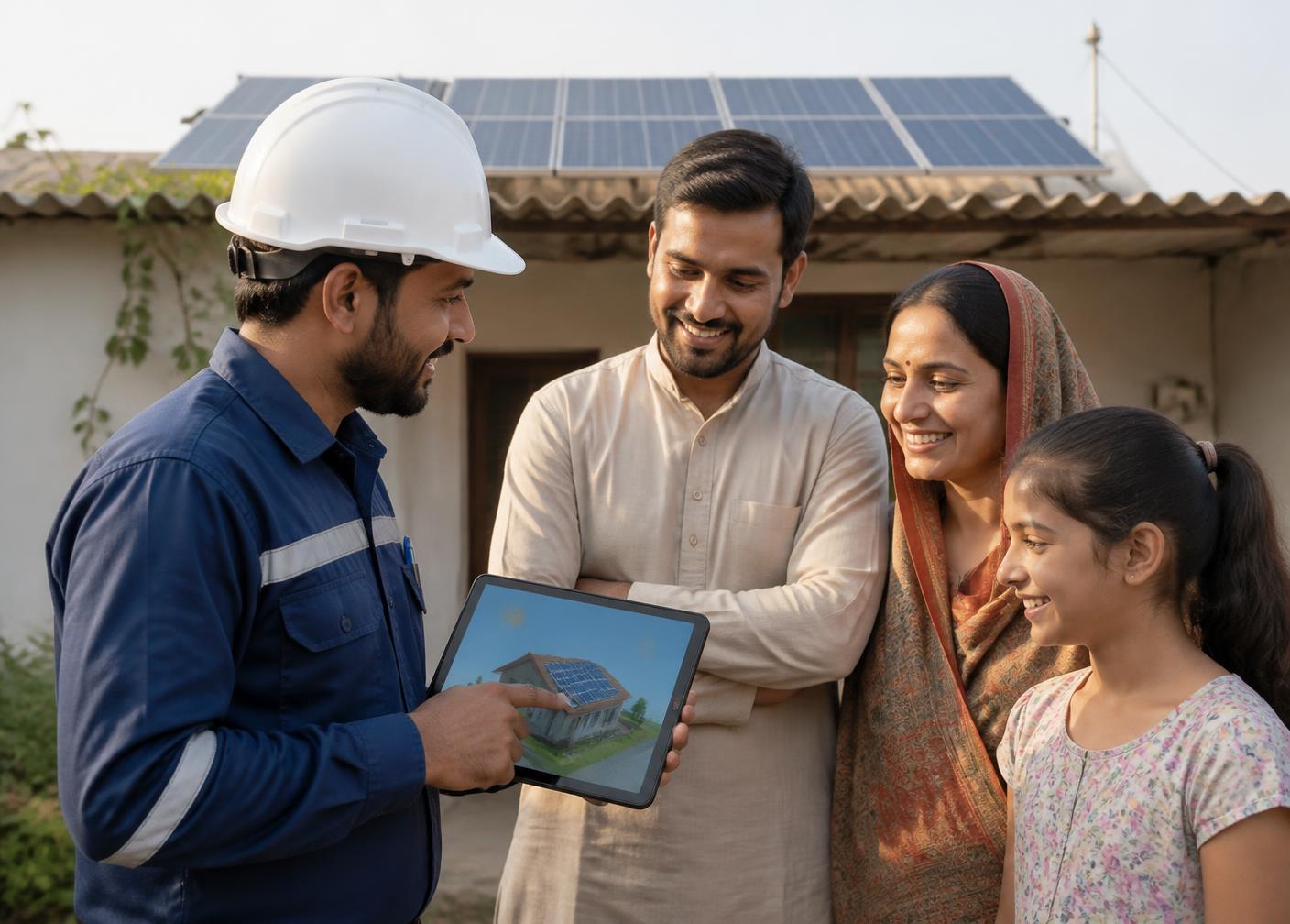 Rightway Solar engineer discussing a rooftop solar design with a family in Vadodara