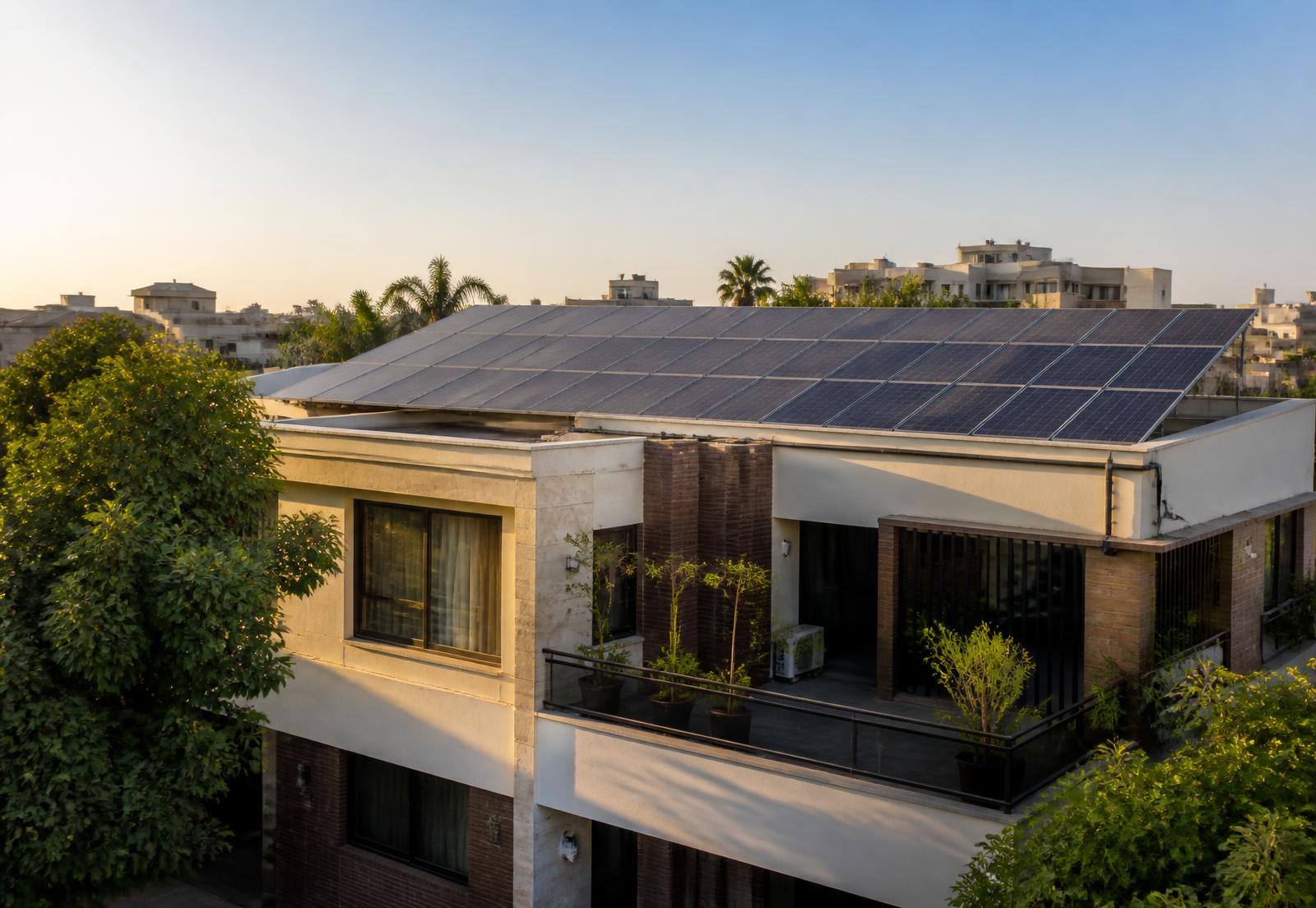 Rooftop solar panel installation on a modern Indian home in Vadodara, Gujarat