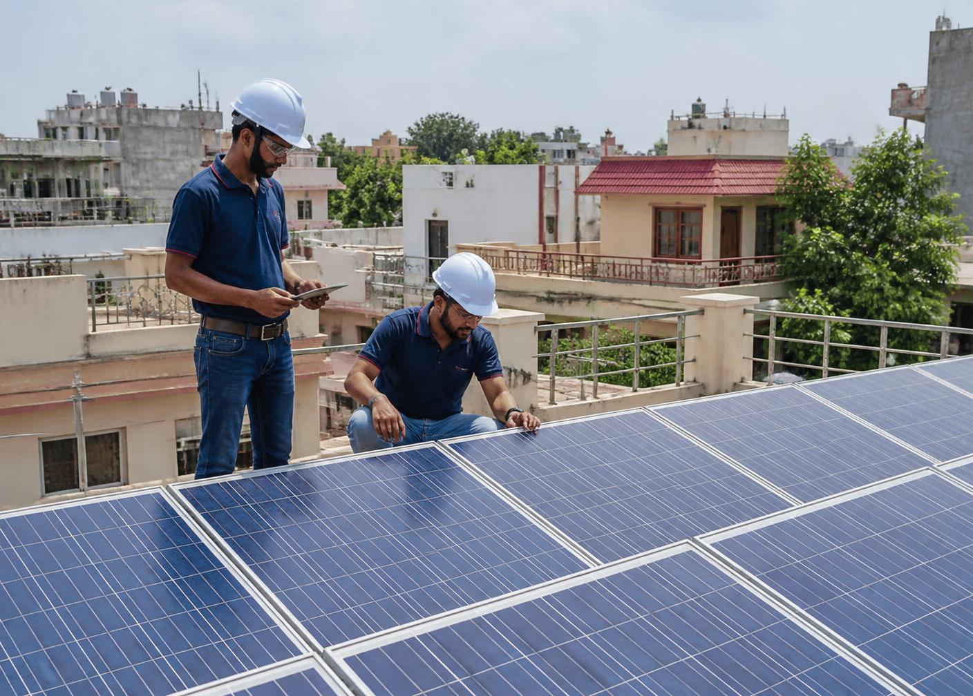 Residential rooftop solar installation in Vadodara Gujarat with technicians inspecting panels